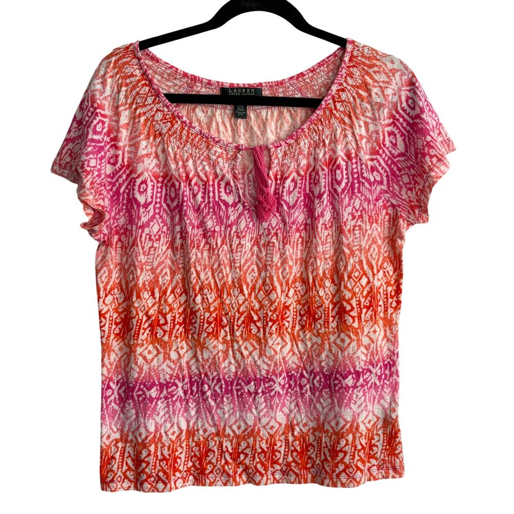 Ralph Lauren Ikat Blouse M Pink orangeTop Shirt Cruise Resort Beach Coastal